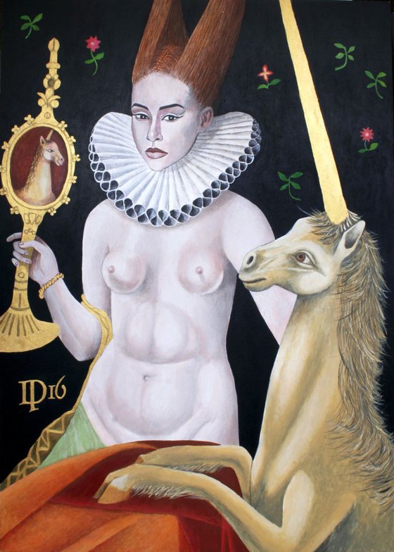 Naked woman with unicorn in Paradise