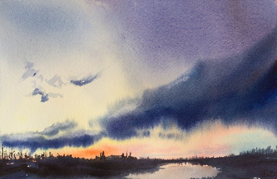 Salamanca. Sunset over Tormes river. Spain landscape. Original watercolor. Small watercolor natural sky clouds landscape dramatic sunset impressionism impression decor