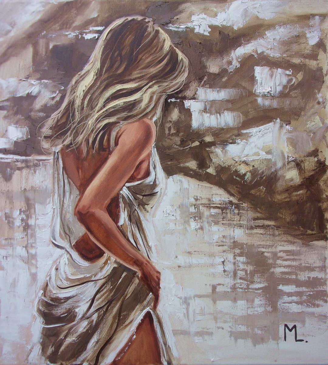 Expressive Portrait Oil Painting By Monika Luniak, 22 X 24", " Stony Coast In Sunset ", Original Artwork