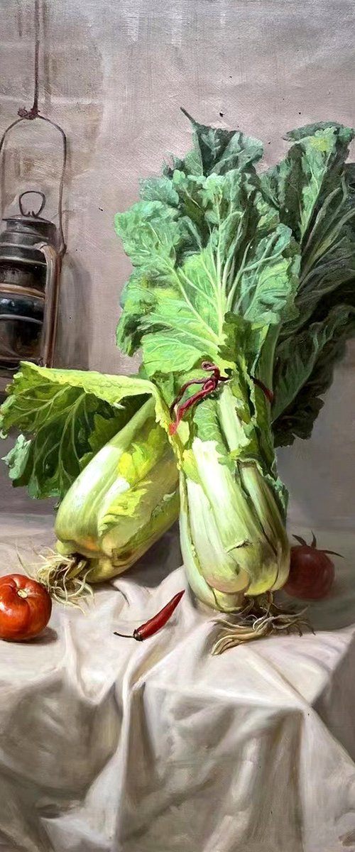 Still life:Chinese cabbages with kerosene lamp by Kunlong Wang