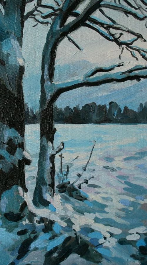 Snowy trees on Wimbledon Common (with snowman) by Katharine Rowe