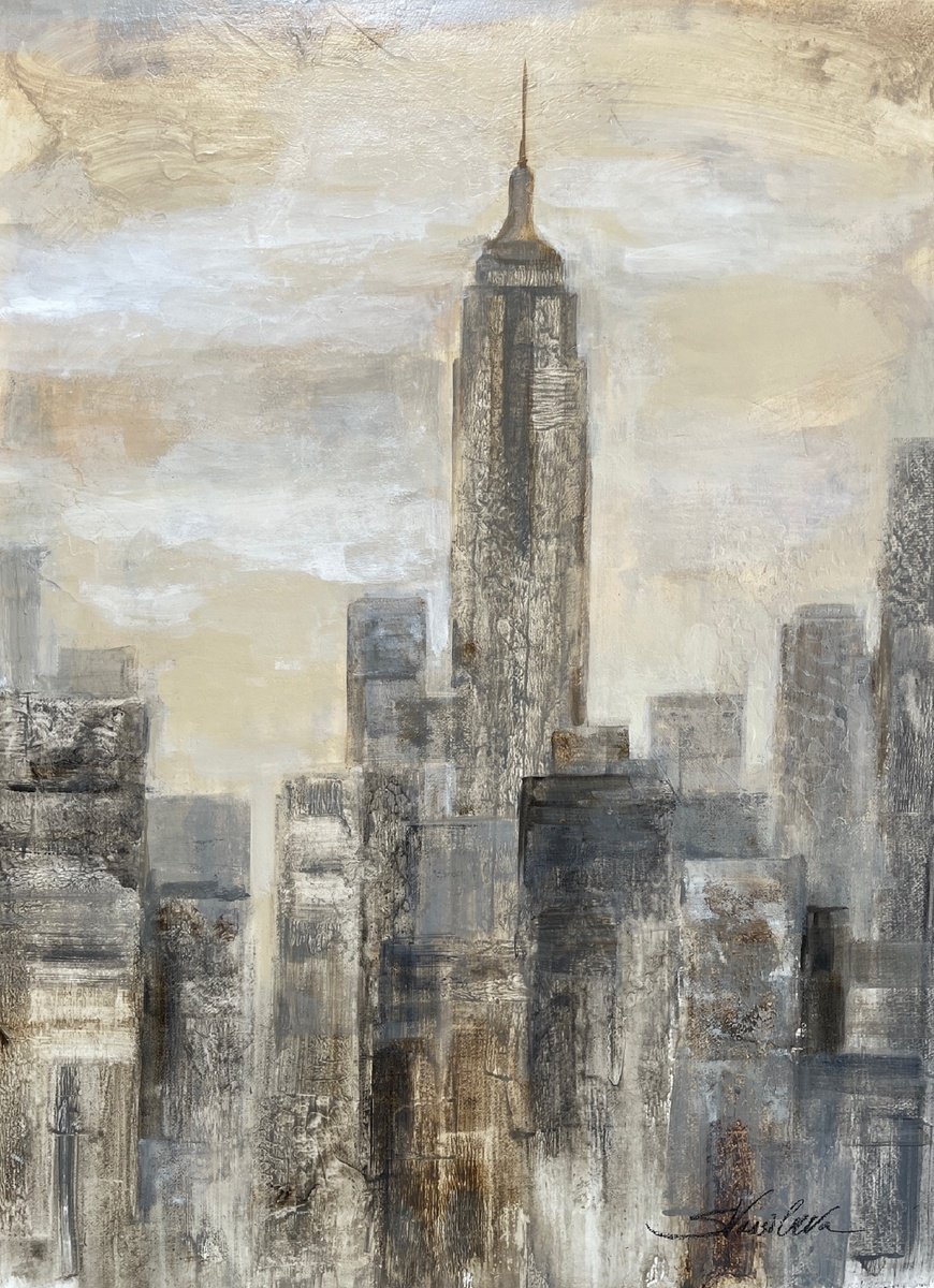 Impressionistic Cityscapes Acrylic Painting By Silvia Vassileva, 22 X 28", New York Ii - Empire State, Original Artwork