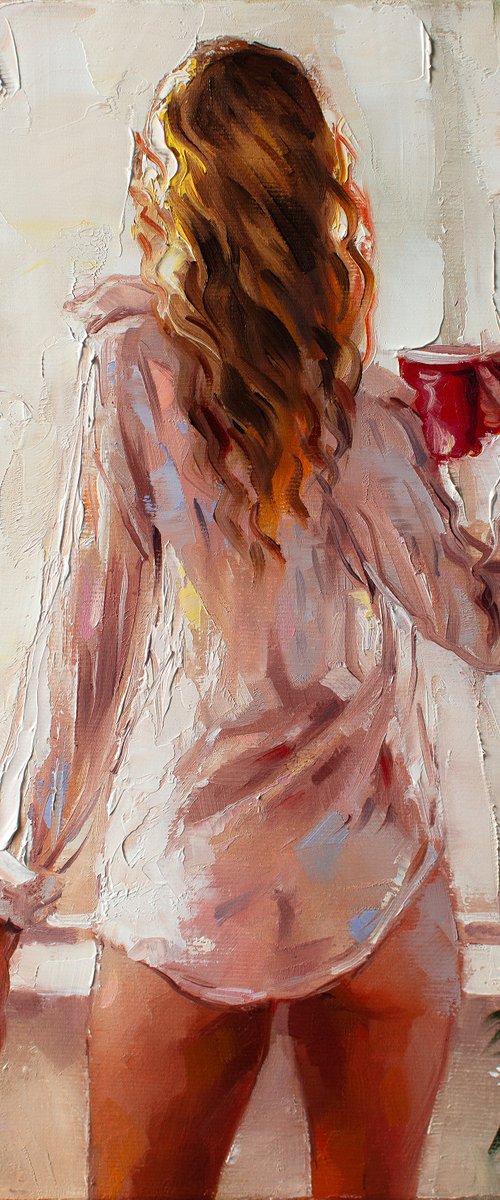 GOOD MORNING COFFEE by Yaroslav Sobol  (Modern Impressionistic Romantic Beautiful Girl Oil painting Gift) by Yaroslav Sobol