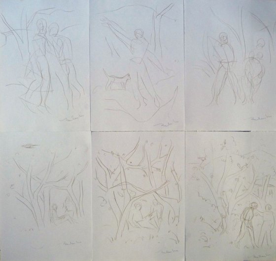 Six sketches - People and cats in the Garden, 21x29 cm - affordable & AF exclusive !