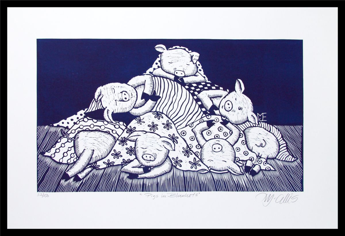 Pigs in Blankets, blue and white linocut by Mariann Johansen-Ellis