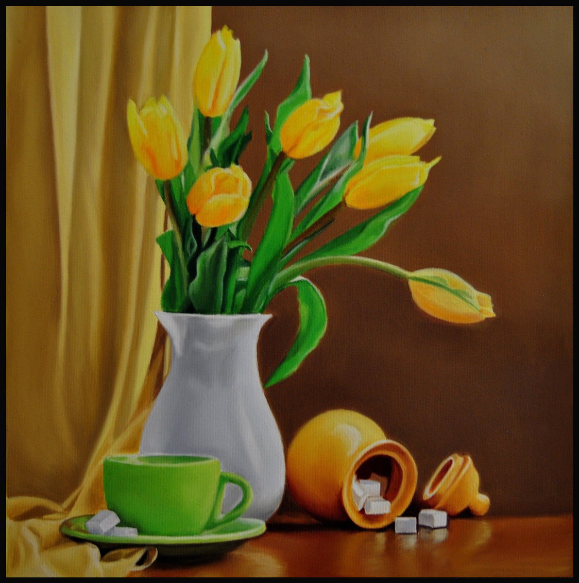 Photorealistic Botanical Oil Painting By Simona Tsvetkova, 16 X 16", Flowers And A Cup Of Tea, Original Artwork