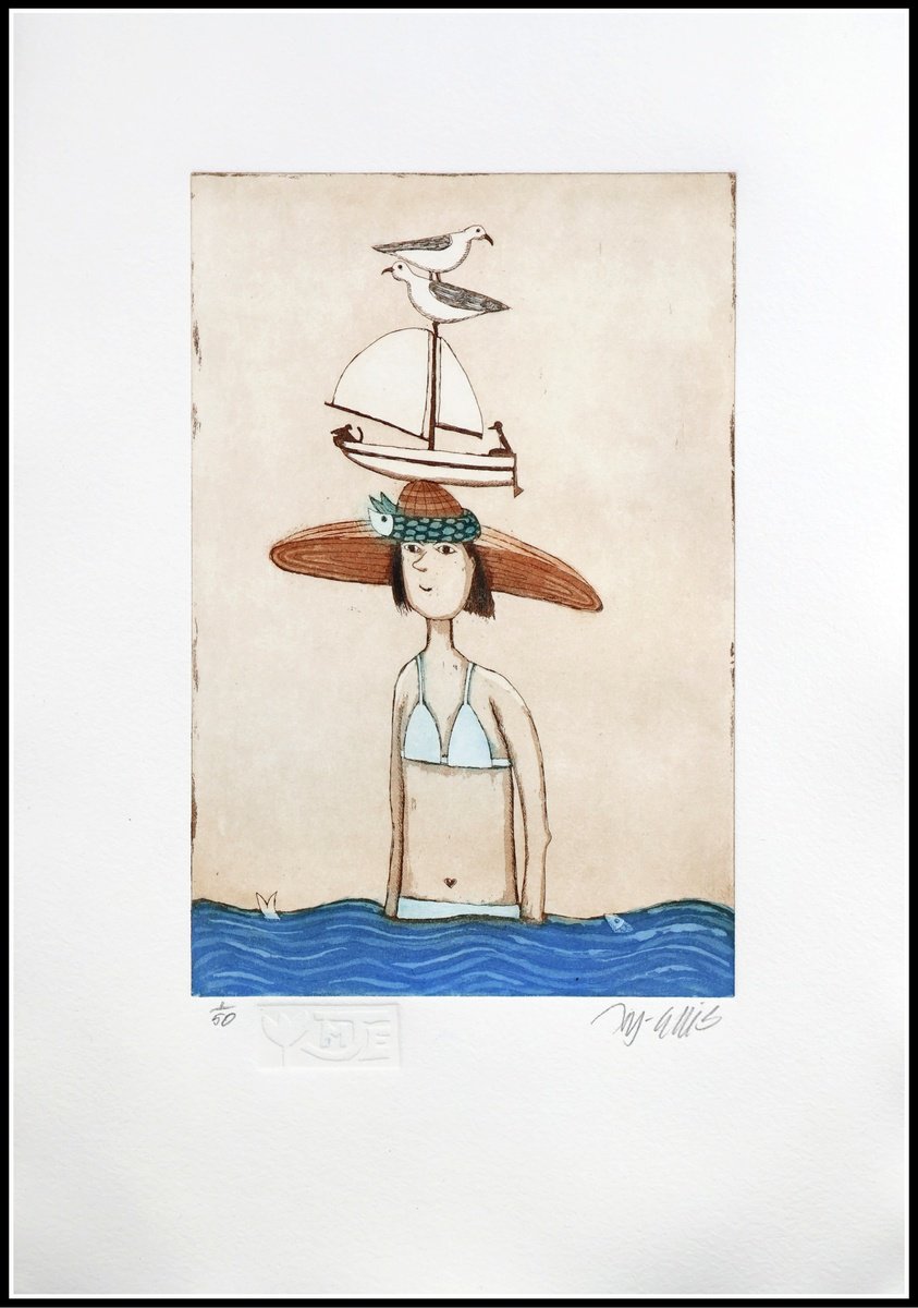Illustrative Landscape Etchings & Engravings By Mariann Johansen-Ellis, 10 X 14", Always Wear A Sunhat, Original Artwork