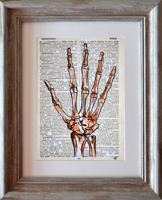 Helpful Hand - Collage Art Hand Bones on English Dictionary Vintage Page