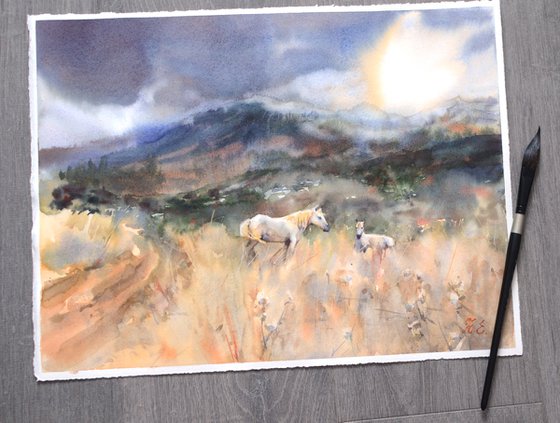 White horses in the grass, watercolor landscape, Crete, Greece