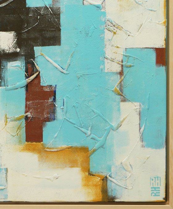 Abstract Painting - White and Turquoise Art - With frame 28J