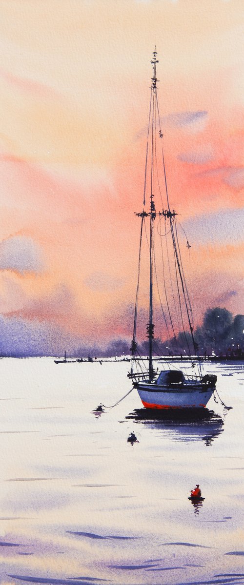 Sunset - Original watercolor on paper, sea, lake, seascape, boat. by Alina Shangina ❤️