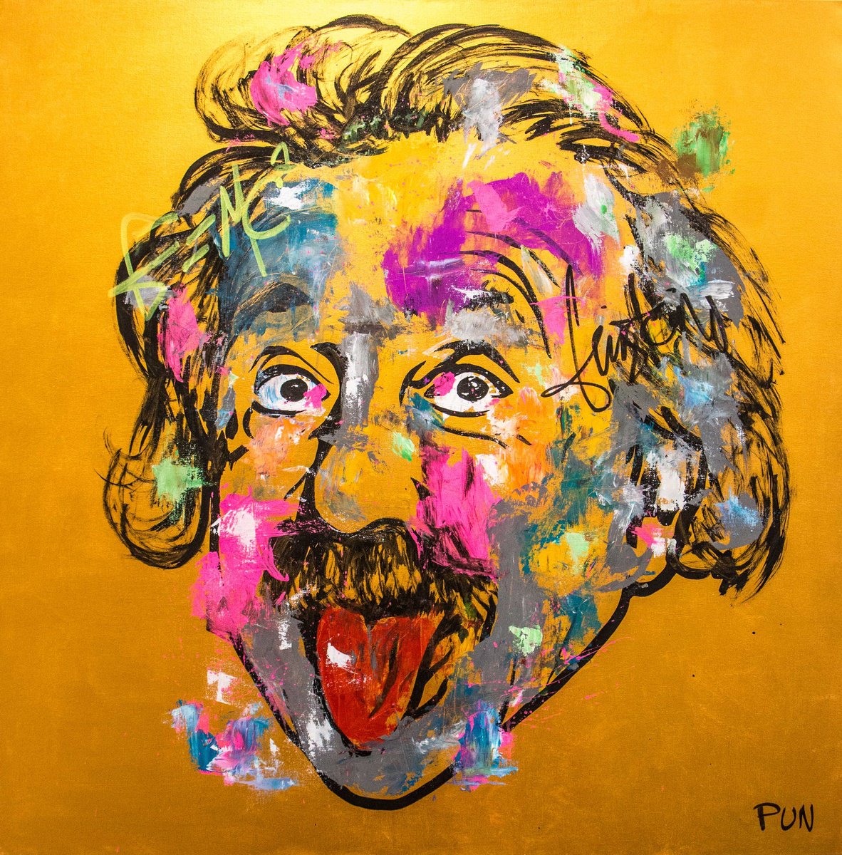 Urban And Pop Portrait Acrylic Painting By Carlos Pun Art, 43 X 43, Albert Einstein Portrait N 2, Original Artwork