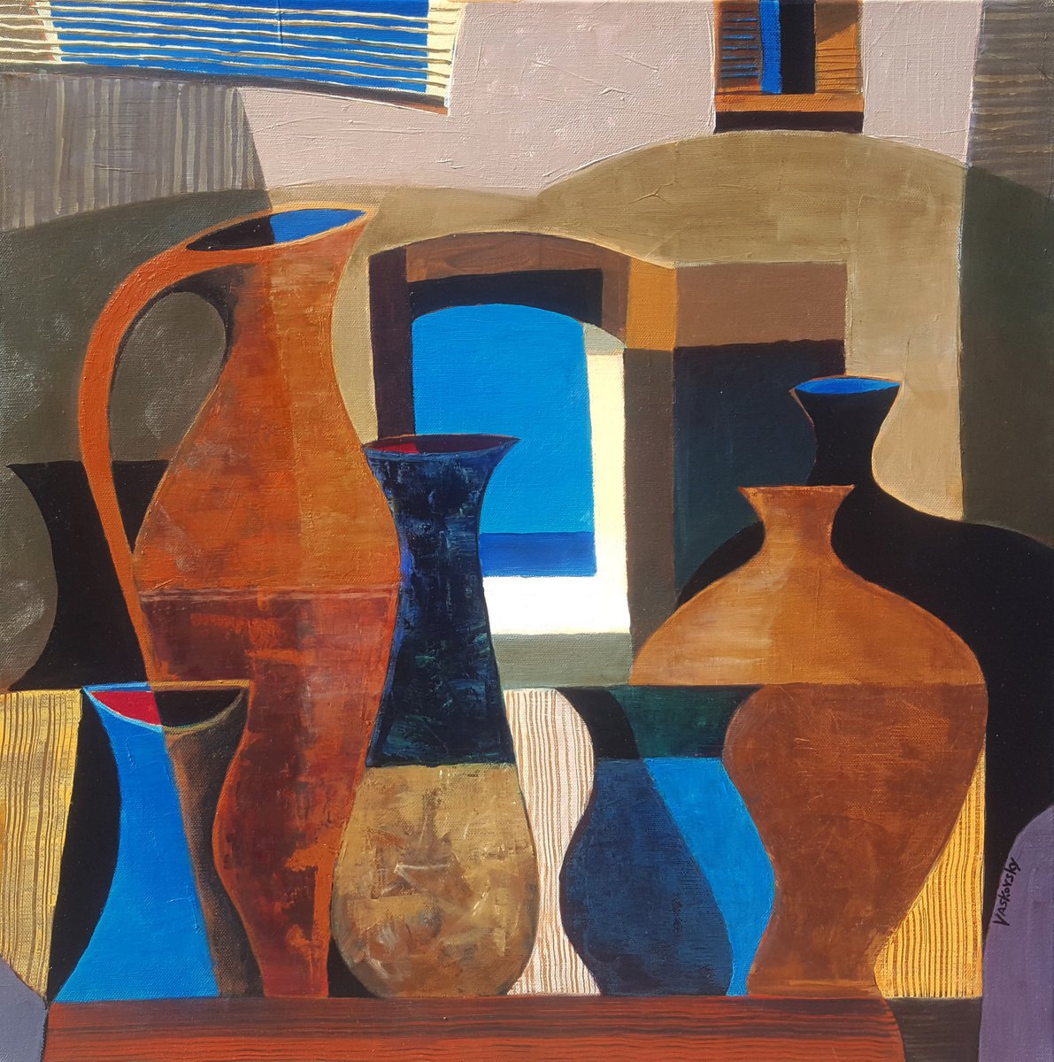 Still Life Acrylic Painting By Vadim Vaskovsky, 24 X 24", Six Jars Of Cana, Original Artwork