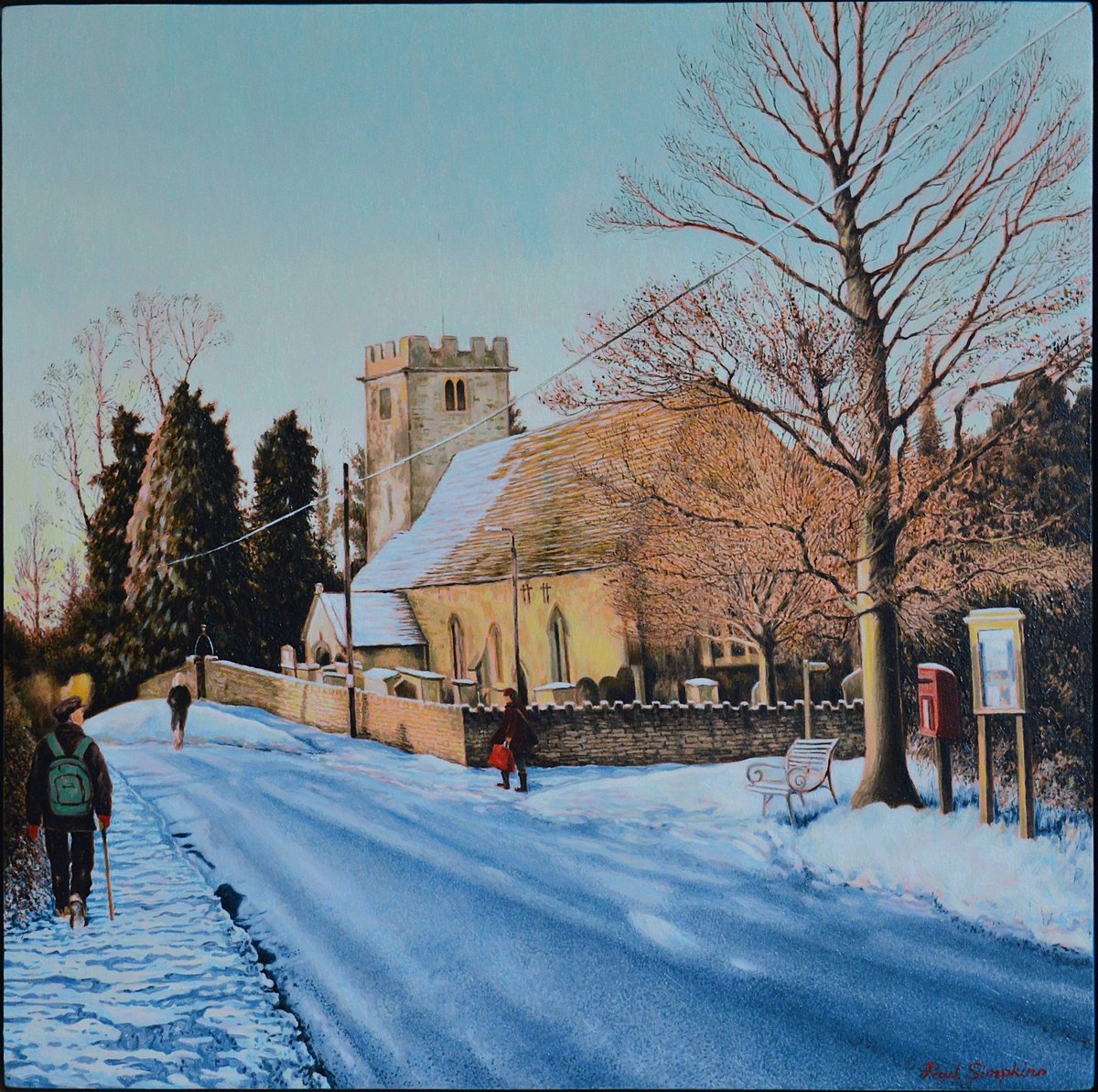 Cityscapes Oil Painting By Paul Simpkins, 12 X 12", Little Somerford Church, Original Artwork