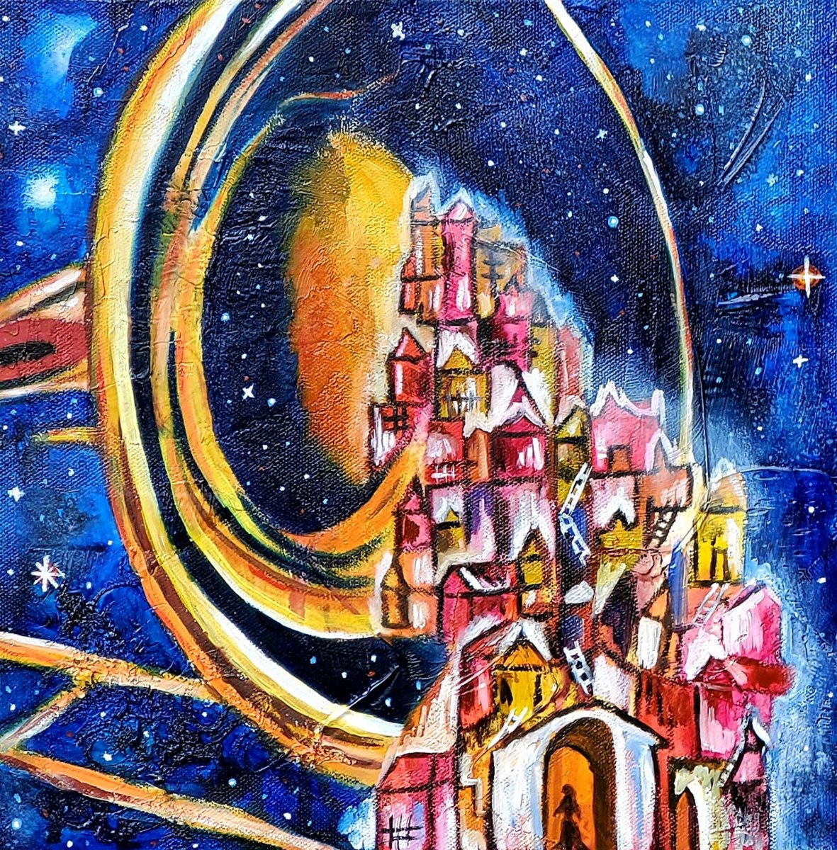 Surrealistic Cityscapes Oil Painting By Niyati Jiwani, 12 X 12", Musical Cities I, Original Artwork
