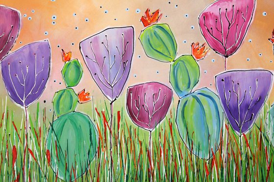 Young Folks- Prickly Friends #2 - Large original abstract floral painting