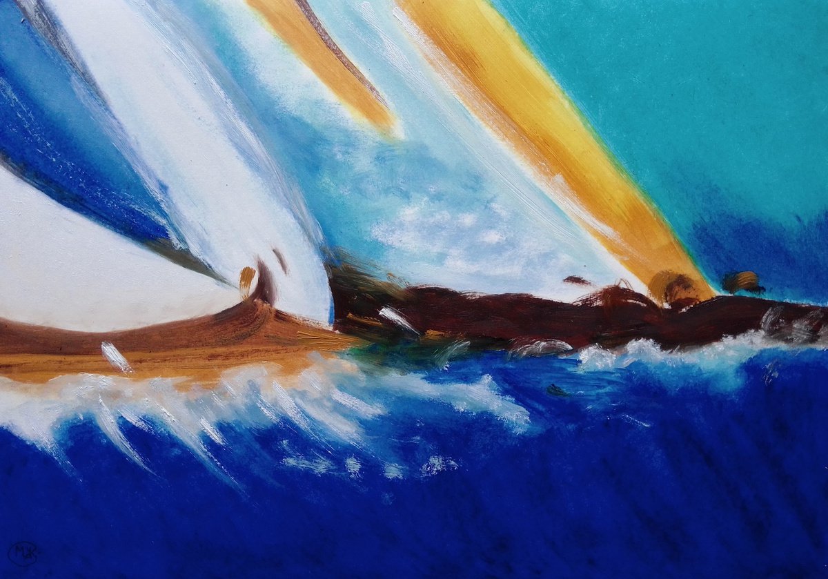 Abstract Landscape Oil Painting By Marjansart, 17 X 12", Sailboats, Original Artwork