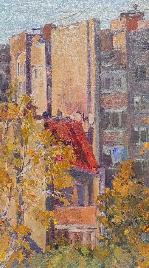 Golden autumn - bright colours, urban landscape,oil painting by Tetiana Borys