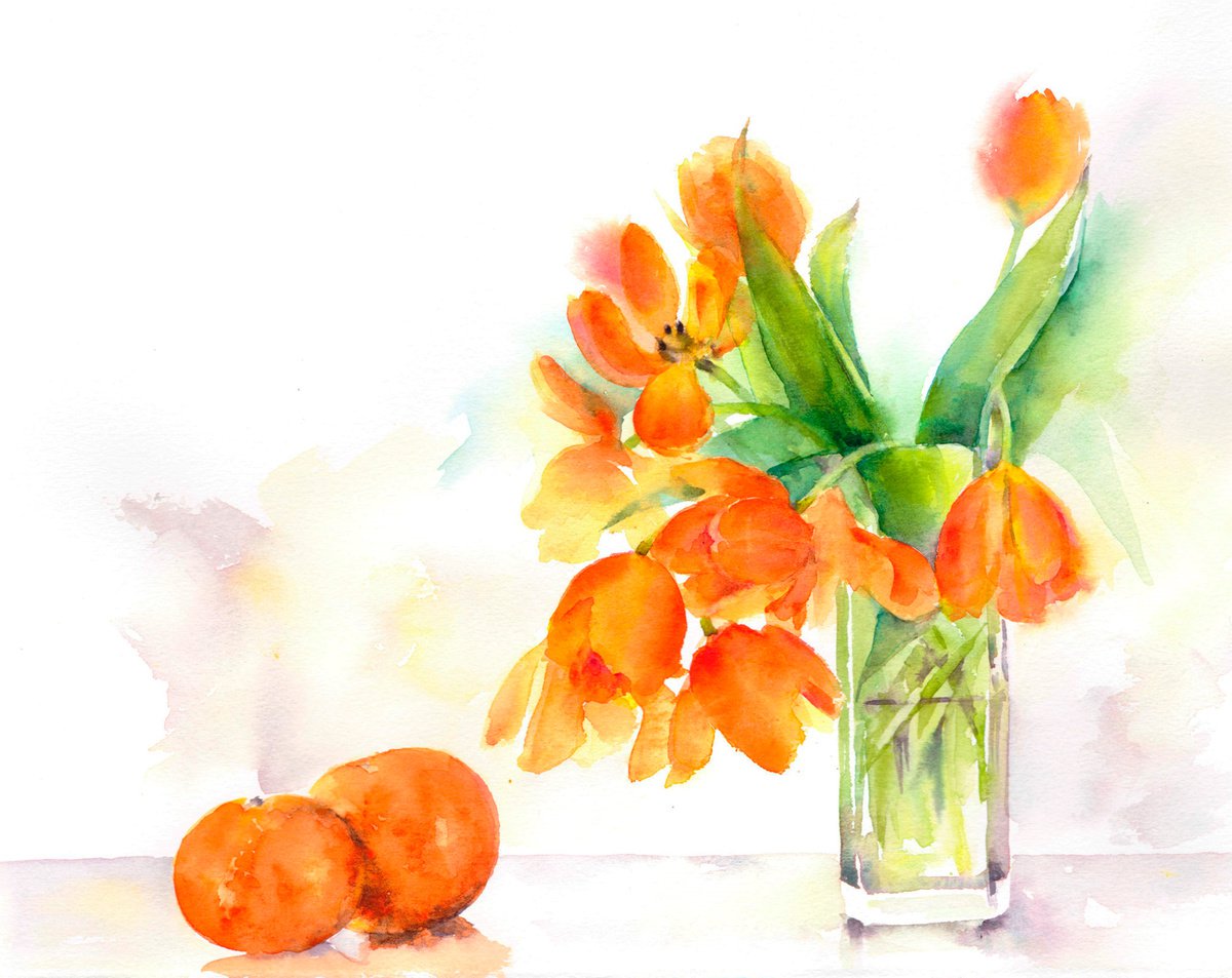 Impressionistic Watercolour , Tulips And Tangerines By Anjana Cawdell, 13 X 11, Artwork For Sale On Artfinder
