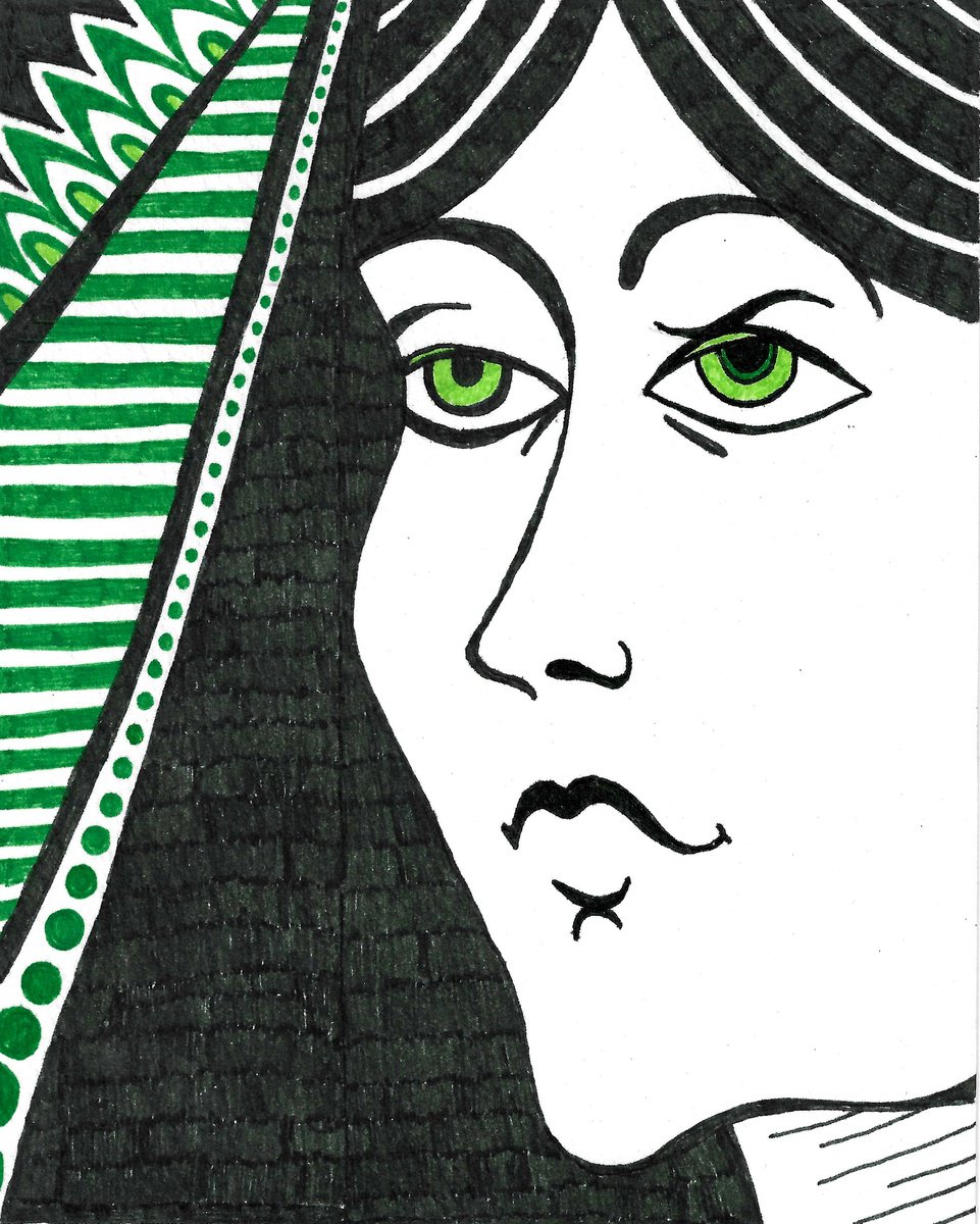 Illustrative Portrait Ink Drawing By Andromachi Giannopoulou, 5 X 6, Green Queen, Original Artwork