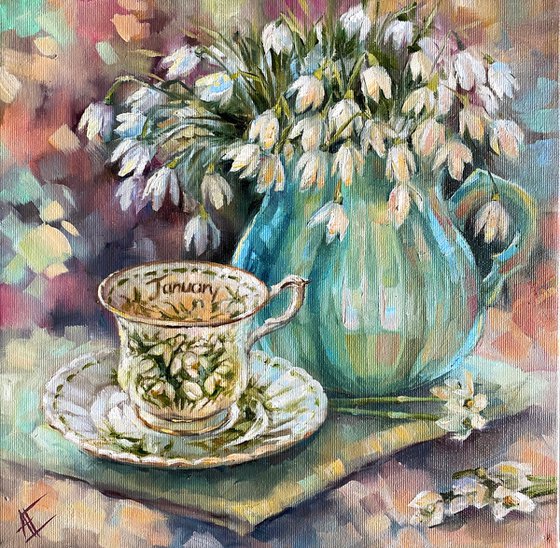 Snowdrops and vintage cup “January”, winter still life original oil painting. Royal Albert China, mint, green, violet and white floral painting. Made with love! Free shipping!