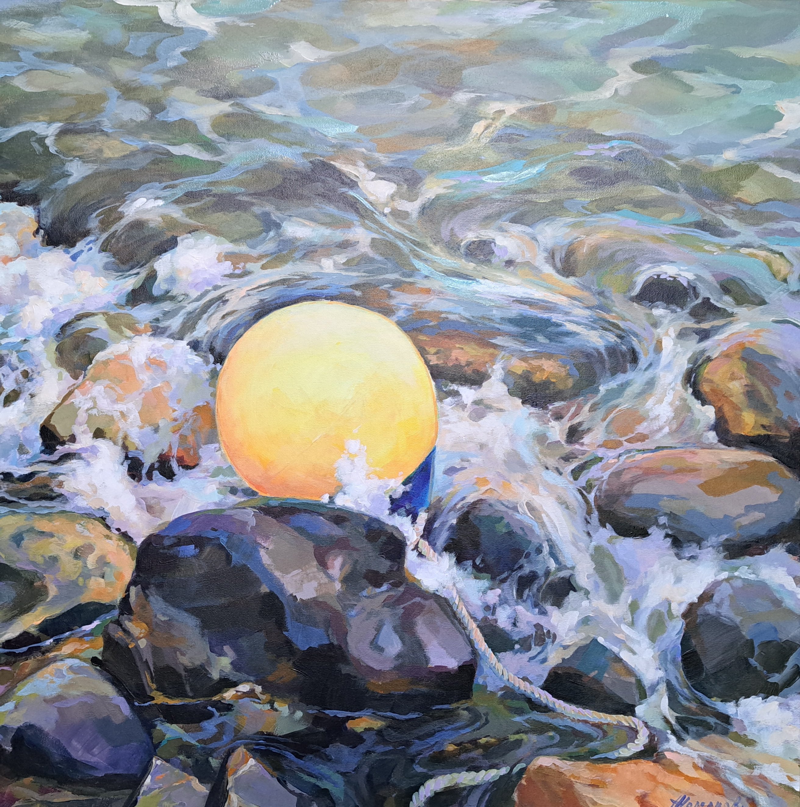 Impressionistic Landscape Acrylic Painting By Alexander Koltakov, 24 X 24, Bathing In The Surf, Original Artwork