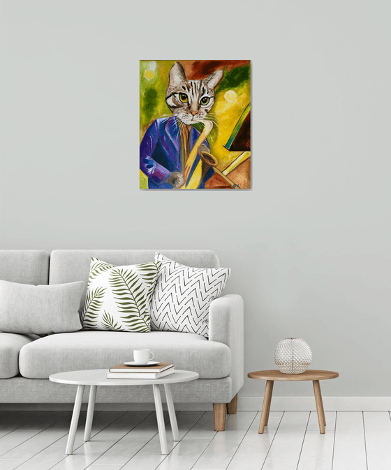 Cat  Saxophonist, musician, feline art for cat lovers.