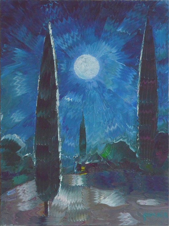 cypresses and a full moon