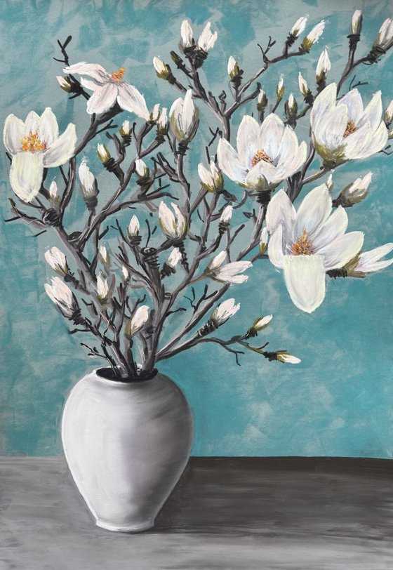 Big size White magnolia in vase