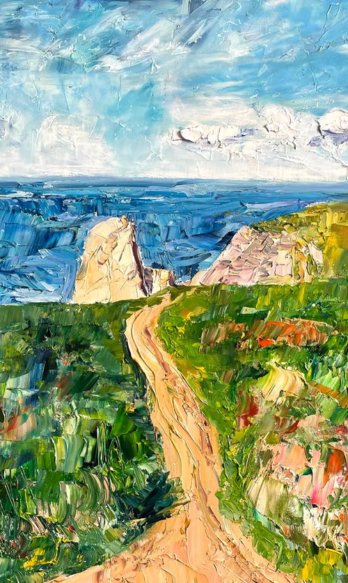 Seascape oil painting on canvas, Portugal sea landscape large wall art by Kate Grishakova