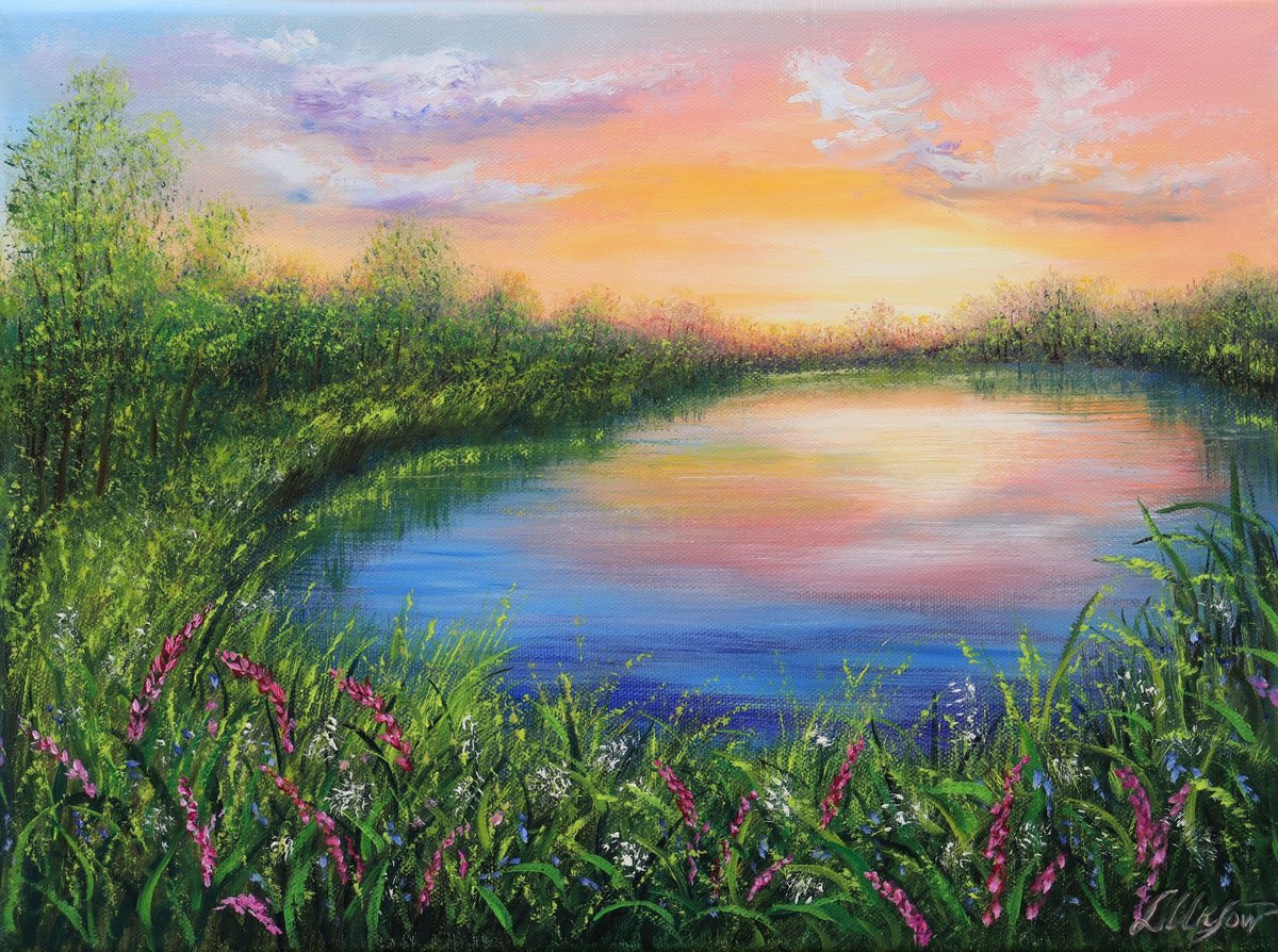 Photorealistic Landscape Oil Painting By Ludmilla Ukrow, 16 X 12", Colorful Sunset, Original Artwork