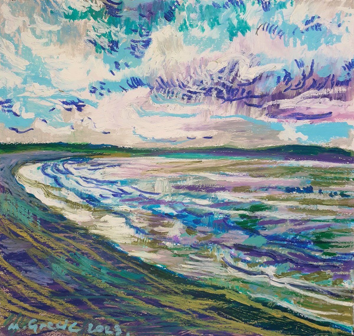 Impressionistic Landscape Pastel Drawing By Maja Grecic, 12 X 12", High Tide In Machynys, Original Artwork