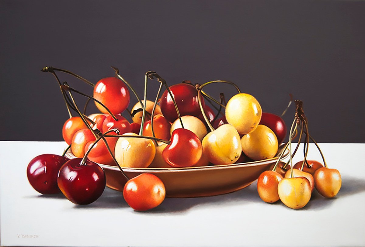 Photorealistic Still Life Oil Painting By Valeri Tsvetkov, 24 X 16", Still Life With Cherries, Original Artwork