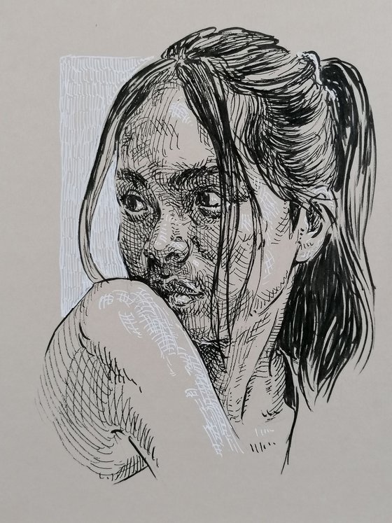 Asian woman portrait. Ink portrait. Portrait on paper. Portrait drawing