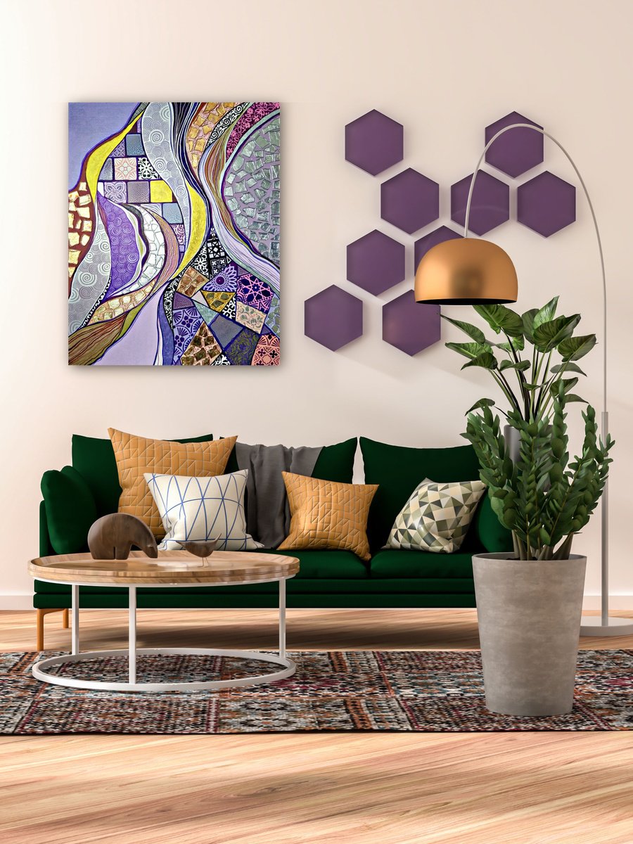 Colorful abstract painting. Purple lilac silver gold Oriental wall art by BAST