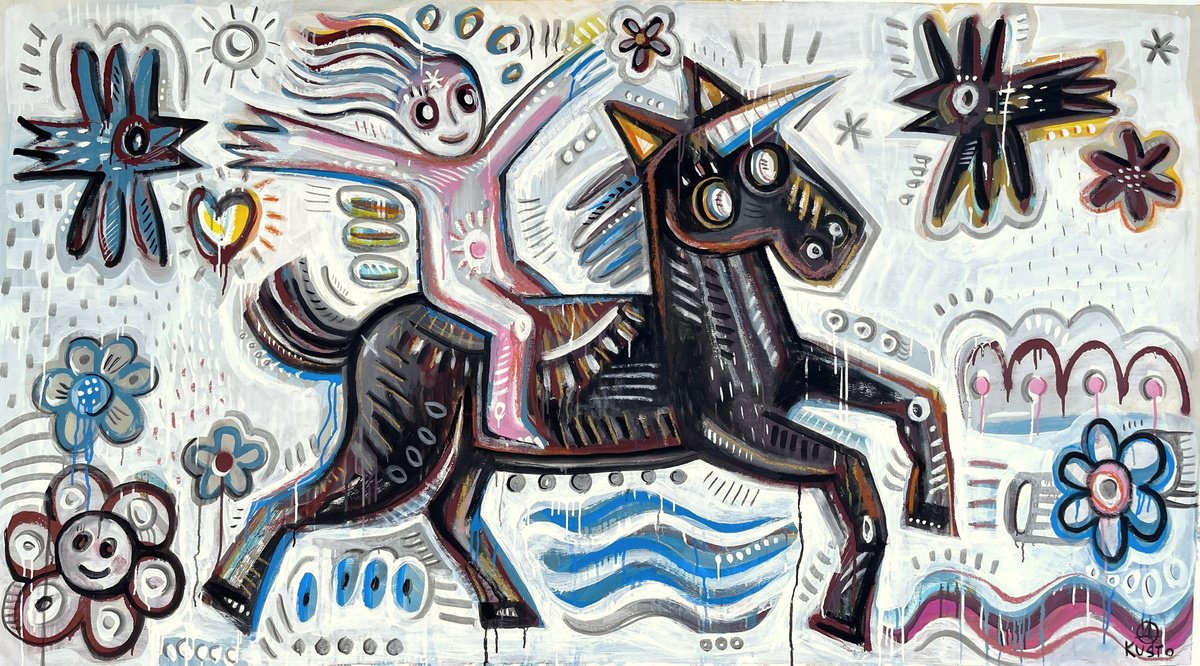 Impressionistic Animal Acrylic Painting By Daria Kusto, 79 X 43, Jolly Rider, Original Artwork