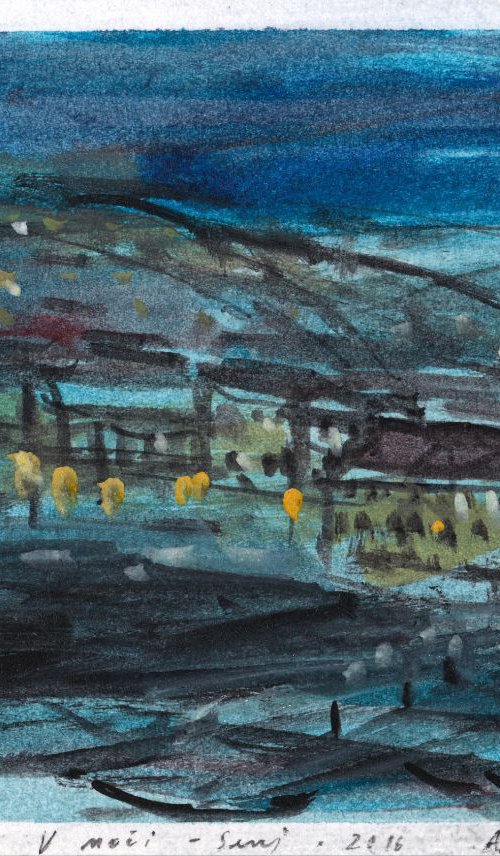 V noči / In the Night – Senj, August 2016, acrylic on paper, 19,9 x 27,9 cm by Alenka Koderman