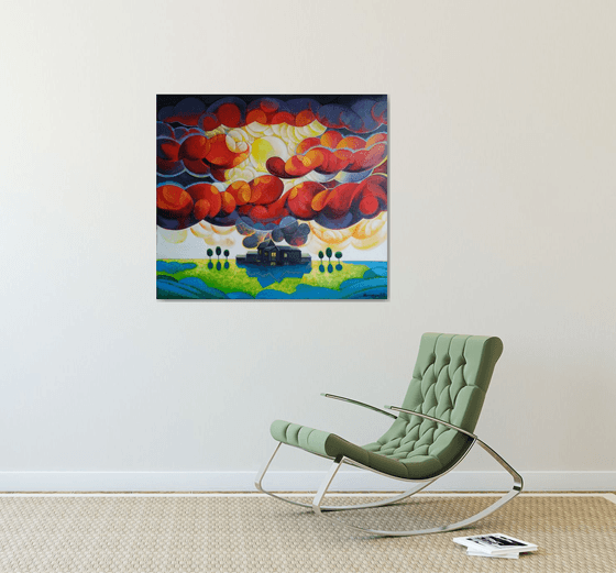 Sunset (80x90cm, cubism, oil painting, ready to hang)