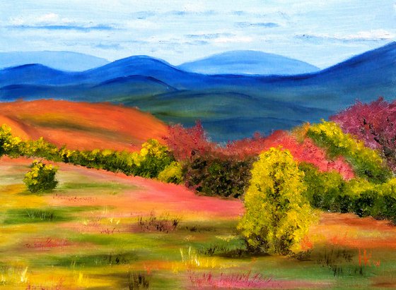 autumn mountain landscape original oil artwork impressionistic art" Red autumn in the blue mountains"