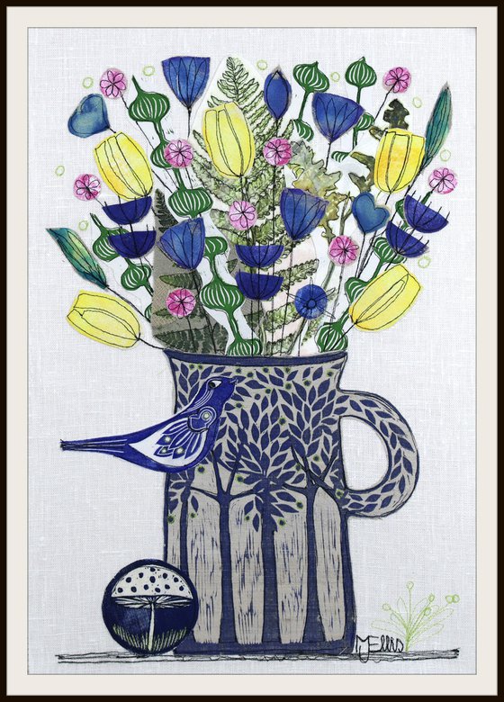 Lovers June, textile collage with all handprinted and painted fabrics