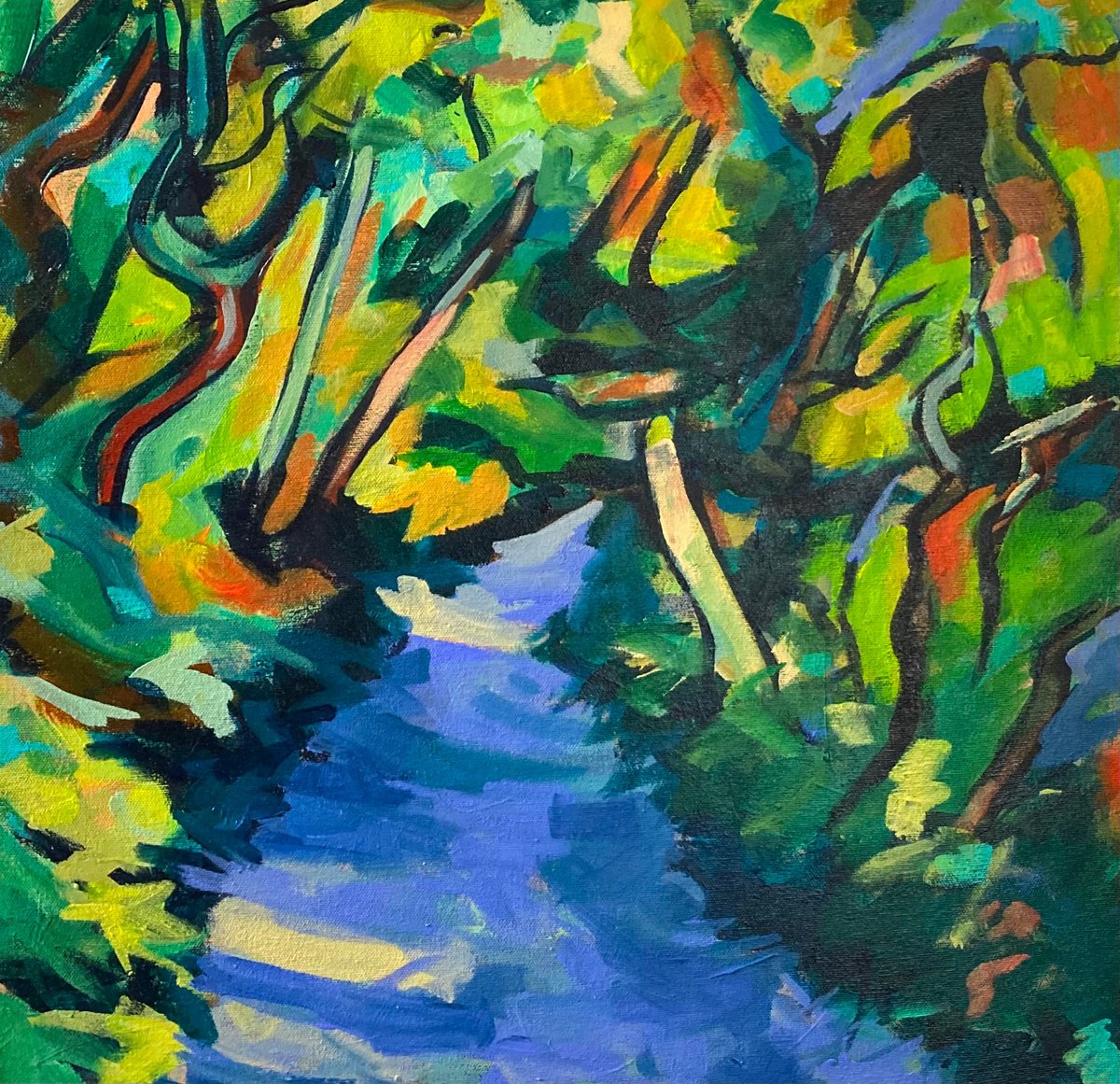 Expressive Landscape Acrylic Painting By Stuart Roper, 20 X 20", Path In Bodnant Gardens, Original Artwork