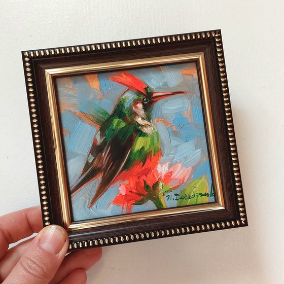 Vanity fair Lady bird painting original oil 4x4, Bird art illustration small artwork framed