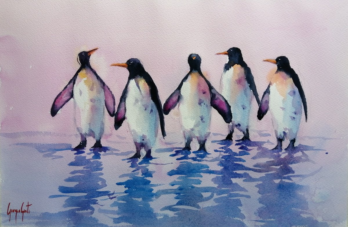 Impressionistic Watercolour , Penguins 6 By Giorgio Gosti, 21 X 14, Artwork For Sale On Artfinder