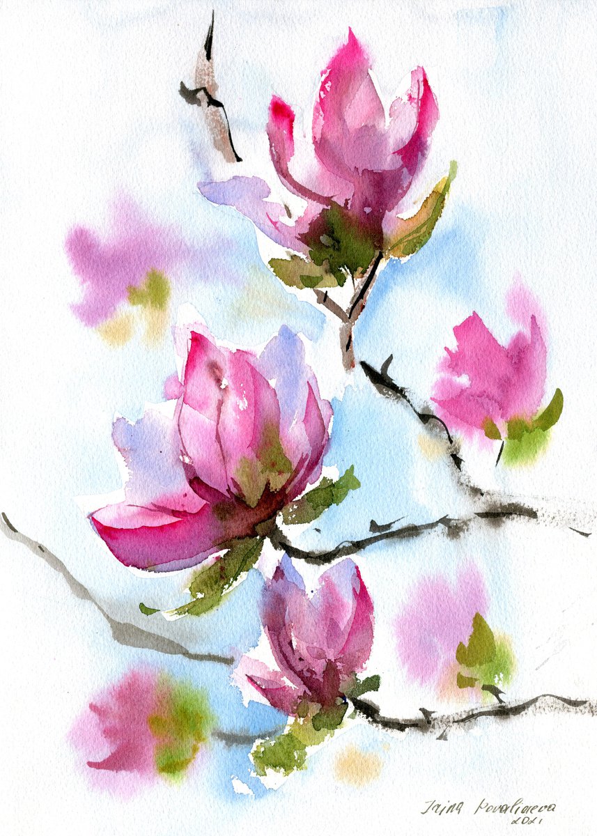 Magnolia flowers original watercolor painting, floral artwork, pink and green impressionis... by Irina Povaliaeva