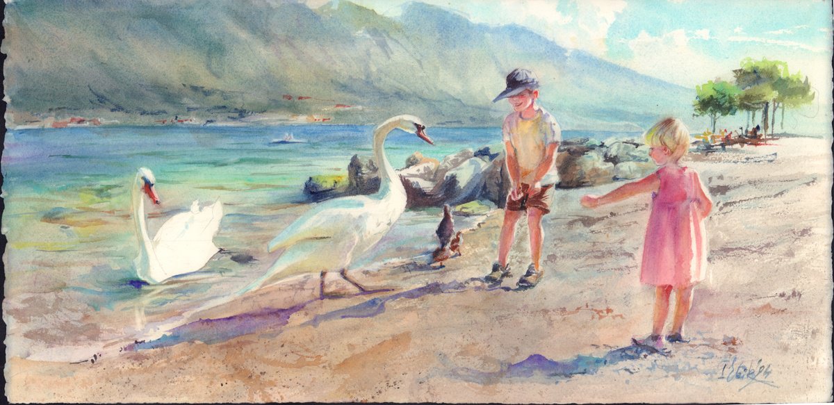 Children and swans. Garda Lake by Irina Bibik-Chkolian