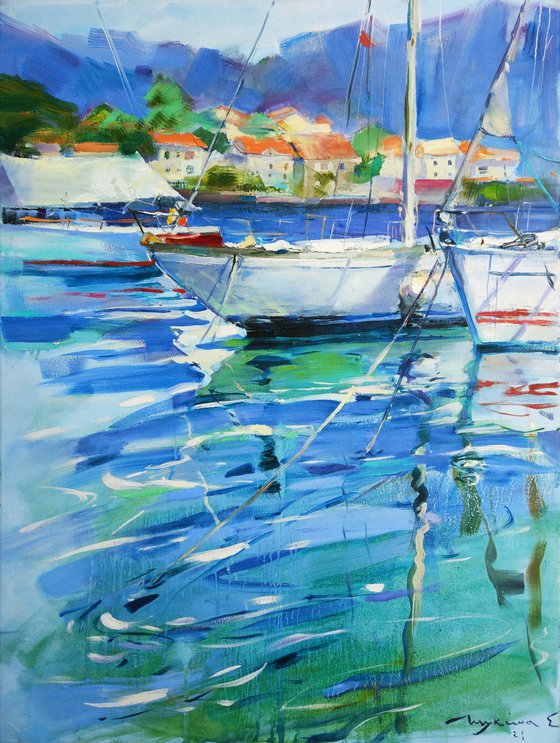 Yachts in Montenegro . Original plein air oil painting .