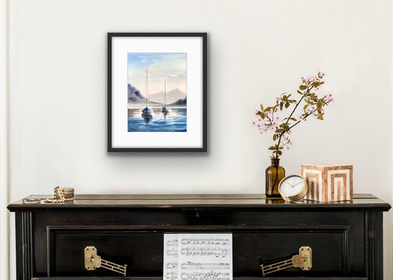 Sailing  boats at sunset watercolor  artwork, ocean painting, seaside  decor for bedroom , medium size, blue colors