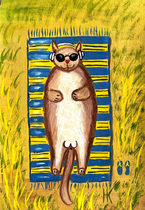 Cat Painting Beach Original Art Pet Artwork Small Animal Wall Art 8 by 12" by Halyna Kirichenko