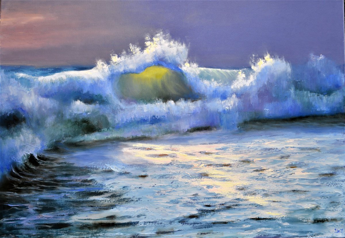 Expressive Landscape Oil Painting By Elena Lukina, 39 X 28, The Last Ray Of Light At Sunset, Original Artwork