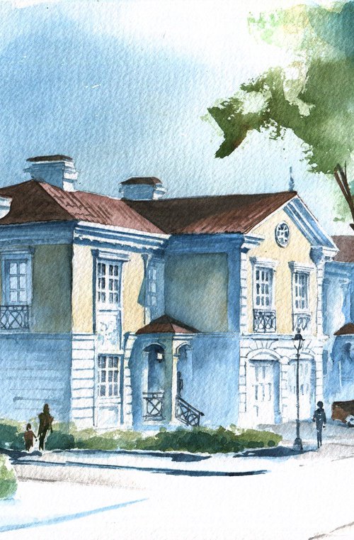 "Morning in a cottage town" architectural sketch in watercolor realism street by Ksenia Selianko